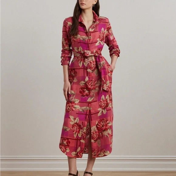 Ralph Lauren Pink Floral Belted Long-Sleeve Shirt Dress - Picture 1 of 3